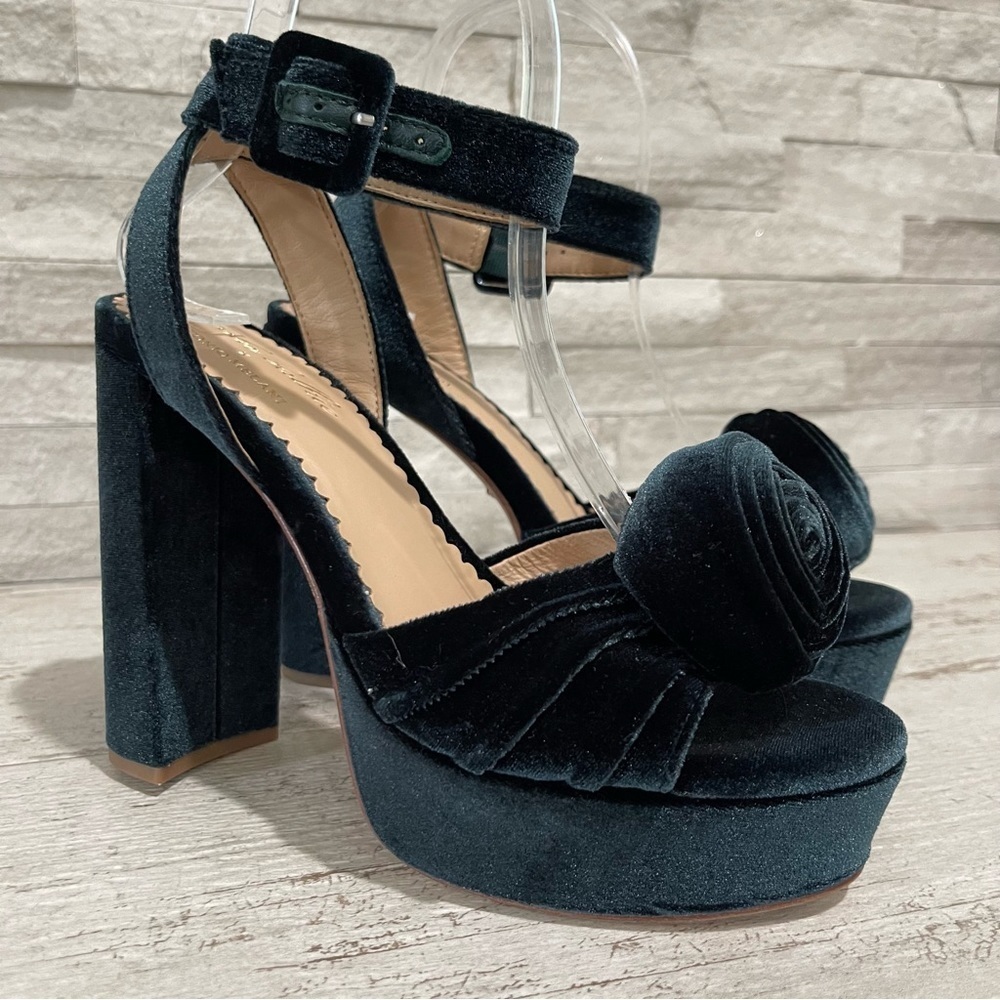Black Velvet Platform Block Heel Sandals with Ankle Strap